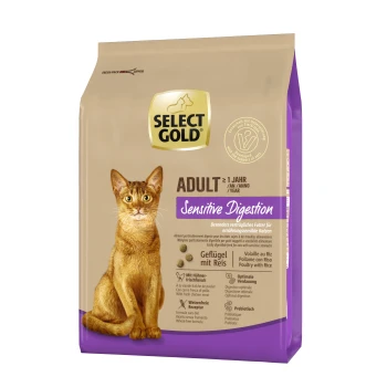 Sensitive Digestion Trockenfutter Katze Adult Geflügel und Reis 2.5 kg Katzenfutterverpackung mit einer braunen Katze auf der Vorderseite, beschriftet mit "SELECT GOLD ADULT Sensitive Digestion" mit Details zu Zutaten und Vorteilen.