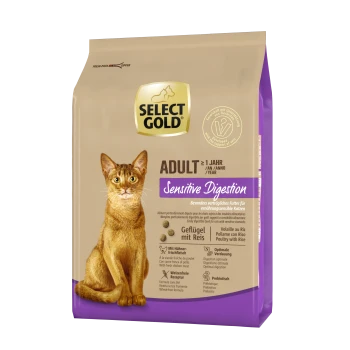 Cat food package featuring a brown cat on the front, labeled "SELECT GOLD ADULT Sensitive Digestion" with details on ingredients and benefits.