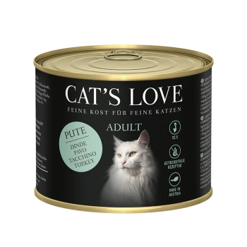 Cat's Love Nassfutter für Katzen, mit Truthahn als Hauptzutat, mit einer weißen Katze auf dem Etikett.