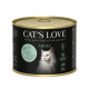 Cat's Love Nassfutter für Katzen, mit Truthahn als Hauptzutat, mit einer weißen Katze auf dem Etikett.