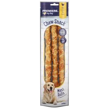 Kau-Snack für Hunde mit drei Hähnchen-Geschmack Maxi-Rollen, mit einem Golden Retriever auf der Verpackung und dem Text "PREMIERE. Ich liebe meinen Hund."