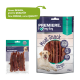 Zwei Hundeleckerlis: eine grüne Tüte "PREMIERE. Snack It Entenbrust" mit Entenstreifen und eine größere Tüte "I ♥ my dog Meat Snack Strips" mit einem Labrador.