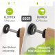 Bild eines Wandmontagesystems mit zwei Optionen: "KLEMMEN" (5 Min, kein Bohren) und "BOHREN" (10 Min, Bohren). Enthält "INKLUSIVE MONTAGEZUBEHÖR."