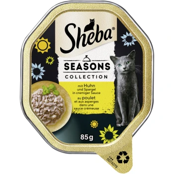 Sheba Seasons Collection Katzenfutter, mit Huhn und Spargel in cremiger Sauce, 85g Verpackung mit floralem Design.
