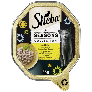 Nourriture pour chat Sheba Seasons Collection, présentant du poulet et des asperges dans une sauce crémeuse, emballage de 85 g avec un design floral.
