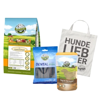 Ein Beutel Bellfor Hundefutter, Dental Sticks, Haut- & Fellpulver und eine Tragetasche mit der Aufschrift "HUNDE LIEBER."