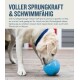 Ein gelber Labrador Retriever spielt mit einem blauen Orbee-Tuff Sports Hundespielzeug auf einer Holzoberfläche, mit Text, der seine Schwimmfähigkeit und Vielseitigkeit bewirbt.
