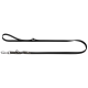Schwarze flache Hundeleine mit Schlaufenhandgriff, silbernem Karabinerhaken und O-Ring, Lederbesatz mit kleinem Metallmarkenplättchen.
