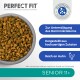 Schüssel mit "Perfect Fit" Trockenfutter für ältere Hunde 11+, das die Darmgesundheit, hochwertige Zutaten und Hühneranteil hervorhebt.
