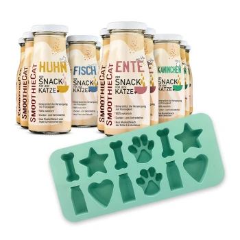 Flaschen mit SmoothieCat Katzensnacks in verschiedenen Geschmacksrichtungen mit grünem Silikonform mit Knochen-, Stern-, Pfoten-, Flaschen- und Herzformen.