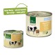 Two Real Nature pet food cans: a small "Rind & Kalb" and a larger "Original" with a cow graphic and text about design quality.
