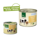 Zwei Real Nature Haustierfutterdosen: eine kleine "Rind & Kalb" und eine größere "Original" mit einer Kuhgrafik und Text über Designqualität.
