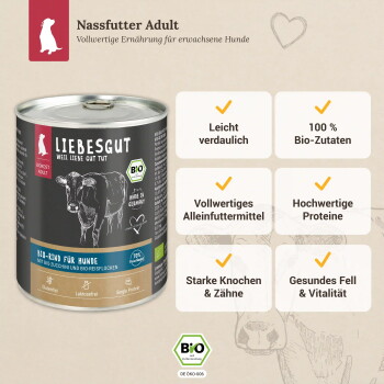 Dose LIEBESGUT Bio-Rind Nassfutter für Hunde mit Kuh-Illustration; Aufdrucke: "Nassfutter Adult", "Bio-Rind für Hunde", "100% Bio-Zutaten".