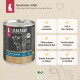Dose LIEBESGUT Bio-Rind Nassfutter für Hunde mit Kuh-Illustration; Aufdrucke: "Nassfutter Adult", "Bio-Rind für Hunde", "100% Bio-Zutaten".