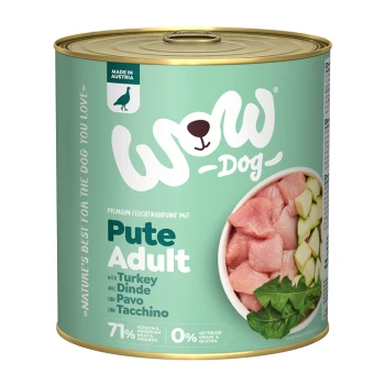 Blik WOW Dog premium natvoer voor volwassen honden, kalkoensmaak, met vlees en groenten. Labels zeggen '71% vlees' en '0% graan & gluten.'