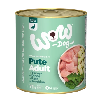 Dose von WOW Dog Premium Nassfutter für erwachsene Hunde, Truthahngeschmack, mit Fleisch und Gemüse. Auf den Etiketten steht "71% Fleisch" und "0% Getreide & Gluten."