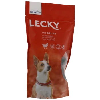 Roter LECKY „Fun Balls Soft“ Hundesnack‑Beutel (Schweizer) mit braun‑weißem Hundebild und „64% Fleisch“ Hähnchen‑Symbol.