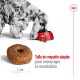 Un chien duveteux mange dans un bol rouge, avec un gros plan de croquettes étiquetées "Taille de croquette adaptée pour encourager la mastication."