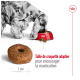 Un chien duveteux mange dans un bol rouge, avec un gros plan de croquettes étiquetées "Taille de croquette adaptée pour encourager la mastication."