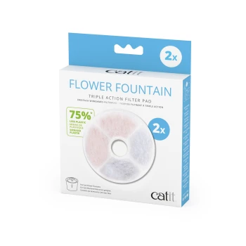 Verpackung des Catit Flower Fountain Triple Action Filterpads, mit einem kreisförmigen Filterpad-Design, mit Text, der "75% weniger Plastik" und "2x" hervorhebt.
