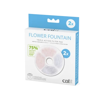 Catit Flower Fountain Triple Action Filter Pad packaging, featuring a circular filter pad design, with text highlighting "75% less plastic" and "2x".