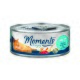 Katfood-Dose mit einer orangefarbenen Katze, mit dem Text "Moments to enjoy" und "Thunfisch mit Garnelen."
