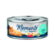 Katfood-Dose mit einer orangefarbenen Katze, mit dem Text "Moments to enjoy" und "Thunfisch mit Garnelen."
