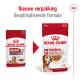 Vergelijking van verpakkingen van Royal Canin huisdiervoeding, met 'Medium Ageing 10+' aan de linkerkant en 'Medium Ageing' aan de rechterkant, met de nadruk op de nieuwe formule.