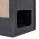 Grijze vilten kattenhuis met een geweven sisal kraboppervlak en een open ingang, ontworpen voor het comfort en spel van huisdieren.