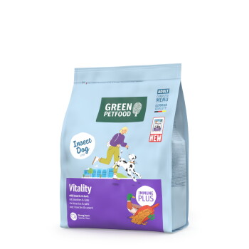Grüne Petfood Insect Dog Vitality Trockenhundefutter-Tüte mit Ente, Immune Plus und deutschen Qualitätslabels, 5kg.