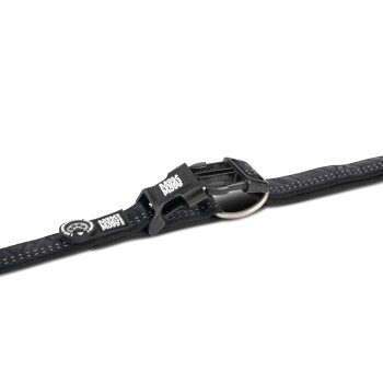 Schwarzes verstellbares Haustierhalsband mit Kunststoffschnalle und Metallring, mit "Maggie Moly" auf Schnalle und Anhänger gebrandet.