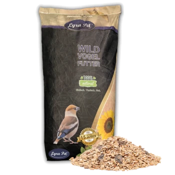 Eine Tüte Lyra Pet Wild Vogel Futter mit einer bunten Vogelillustration und einem Haufen Futter, beschriftet mit "100% natürlich" und "10 Jahren."
