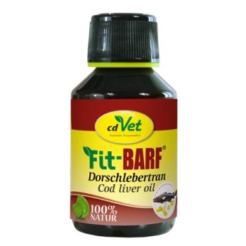 Flasche cdVet Fit-BARF Lebertran, beschriftet mit "100% Natur", mit einem gelb-roten Design und einem grünen Blattgrafik.