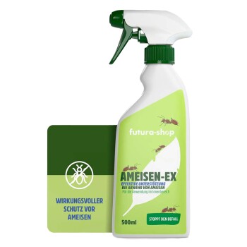 Eine grüne Ameisenbekämpfungssprayflasche mit der Aufschrift "AMEISEN-EX", die Ameisen, ein Blatt und ein Qualitätssiegel "1,1 SEHR GUT" zeigt.