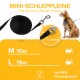 Schwarze Mini-Leine für Katzen und kleine Hunde, erhältlich in den Größen S (5m), M (10m) und L (15m), geeignet für Haustiere bis 10 kg.