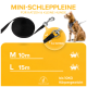 Schwarze Mini-Leine für Katzen und kleine Hunde, erhältlich in den Größen S (5m), M (10m) und L (15m), geeignet für Haustiere bis 10 kg.
