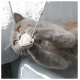 Eine flauschige graue Katze mit leuchtend orangefarbenen Augen spielt mit einem kleinen, weißen, gestrickten Spielzeug auf einem hellen Sofa.