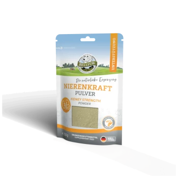 BELLFOR Nierenkraft Pulver Verpackung, "Nierenstärkepulver," mit einem hellblauen Hintergrund, gekennzeichnet als natürliches Haustier Ergänzungsmittel.