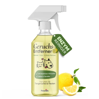 Sprühflasche mit "Geruchs-Entferner" für Tiergerüche und Fleckenentferner, mit einer Illustration von Katze und Hund, neben einer Zitrone.