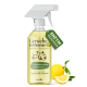 Sprühflasche mit "Geruchs-Entferner" für Tiergerüche und Fleckenentferner, mit einer Illustration von Katze und Hund, neben einer Zitrone.