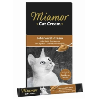 Miamor Cat Cream Verpackung mit einer grauen Katze, die nach oben schaut, mit dem Text 'Leberwurst-Cream' und 'mit Thymian - Stoffwechsel anregend.'