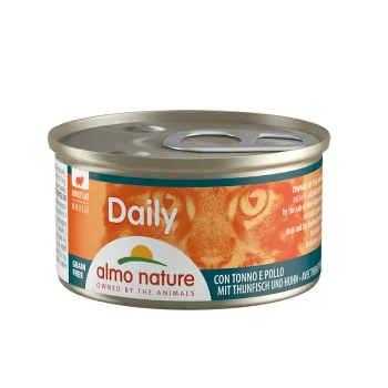 Dosenfutter für Katzen mit der Aufschrift "Daily" von Almo Nature, mit einer getreidefreien Formel mit Thunfisch und Huhn, entworfen für erwachsene Katzen.