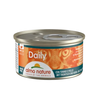 Nourriture pour chat en conserve étiquetée 'Daily' par Almo Nature, avec une formule sans céréales contenant du thon et du poulet, conçue pour les chats adultes.