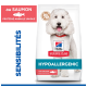 Sac d'aliments pour chiens hypoallergéniques Hill's avec un caniche blanc ; texte visible : HYPOALLERGENIC, SALMON.