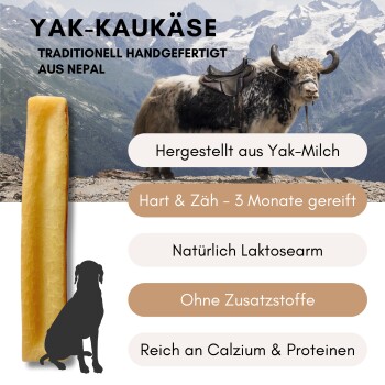 Yak-Käse-Stick mit einem Yak in den Bergen; Highlights: "Handgefertigt", "Hart & zäh", "Laktosearm", "Keine Zusatzstoffe", "Reich an Kalzium."