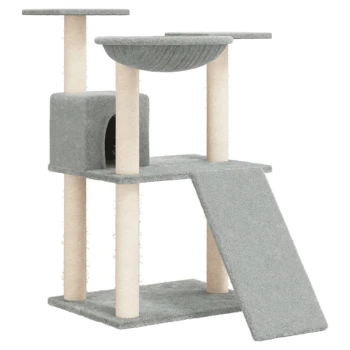 Grau Katzenbaum mit zwei Plattformen, einem gemütlichen Versteck und einer Rampe für einfachen Zugang. Ideal zum Klettern und Entspannen.