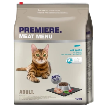 Ein 10 kg Sack PREMIERE MEAT MENU Katzenfutter mit einer Bengal-Katze auf der Vorderseite, mit dem Hinweis, dass es Lachs und 55 % Fleisch enthält.
