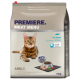 Ein 10 kg Sack PREMIERE MEAT MENU Katzenfutter mit einer Bengal-Katze auf der Vorderseite, mit dem Hinweis, dass es Lachs und 55 % Fleisch enthält.