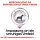 Illustration eines Hundes in einem Kreis mit Pfeilen, Text: "Berücksichtigt Empfindlichkeit" und "Passt sich Unruhe an."