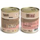 Verpackung für Dosenhundefutter in Beige und Pink, mit der Aufschrift "100% PUR 100% ECHT 100% FUTTER" und "SOOOOO LECKER!" mit Nährwertinformationen.